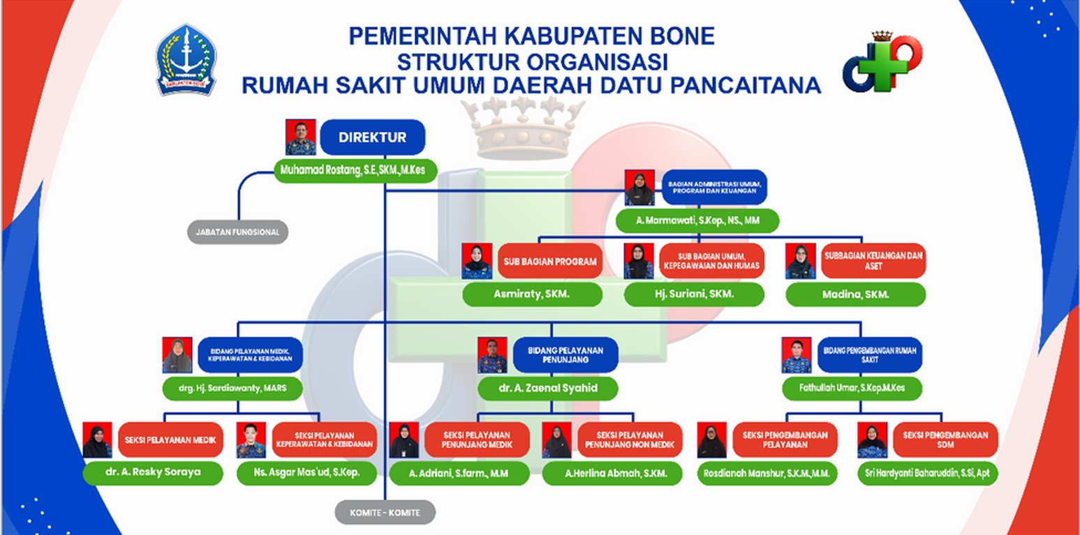 Bagan Struktur Organisasi RSUD Datu Pancaitana: Direktur Muhamad Rostang, SE., SKM., M.Kes; Bagian Administrasi Umum, Program dan Keuangan oleh A. Marmawati, S.Kep., Ns., MM dengan tiga sub bagian (Program, Umum/Kepegawaian/Humas, Keuangan/Aset); tiga Bidang (Pelayanan Medik/Keperawatan/Kebidanan, Pelayanan Penunjang, Pengembangan Rumah Sakit) masing-masing membawahi dua Seksi; serta Jabatan Fungsional dan Komite-Komite